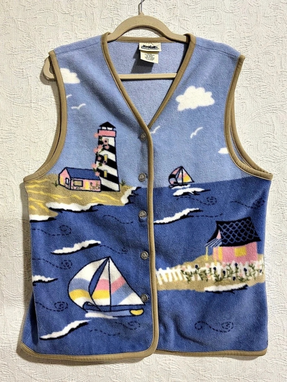 Northern Reflections Lighthouse Sailboat Graphic Fleece Vest Blue & Pink Medium